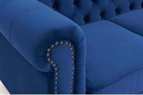 Image of Modern and Stylish 3 Seater Chesterfield Luxury Sofa with Valvet and Fabric Comfortable Sofa for Living Room, Dining Room, Hallway, and Office-(Blue).