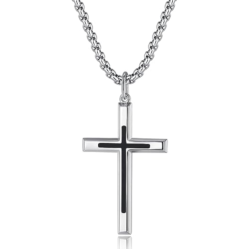 FANCIME Black Cross Necklaces Sterling Silver Cross Pendant Polished Long Necklace Fine Jewelry Christmas Gift Valentines Day Gifts for Men,Stainless Steel Box Chain Length 24''