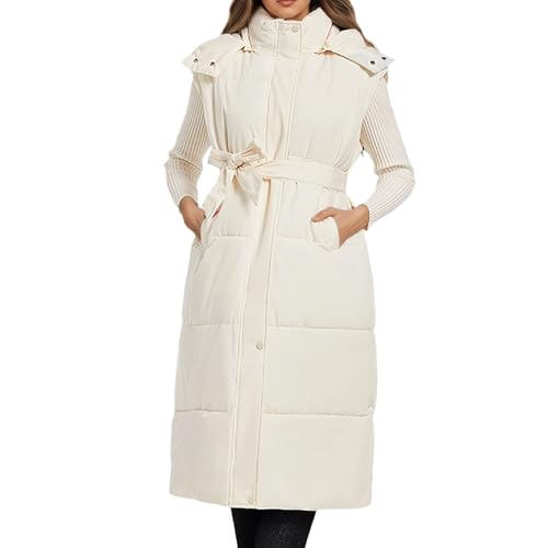 Gilet matelassé à capuche femme veste longue sans manche manteau mi-saison taille ajustable