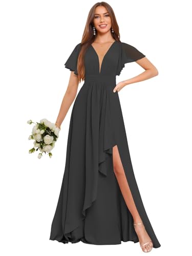 Image of Deep V Neck Chiffon Bridesmaid Dresses Ruffle Formal Dress with Sleeves Pleated High Low Evening Gowns for Women