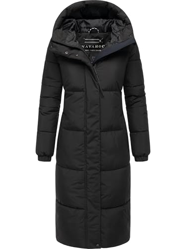 Navahoo Damen langer Wintermantel warmer Steppmantel mit 2-Wege-Reißverschluss und verstellbarer Kapuze Taublüte XIV Black Gr. XS