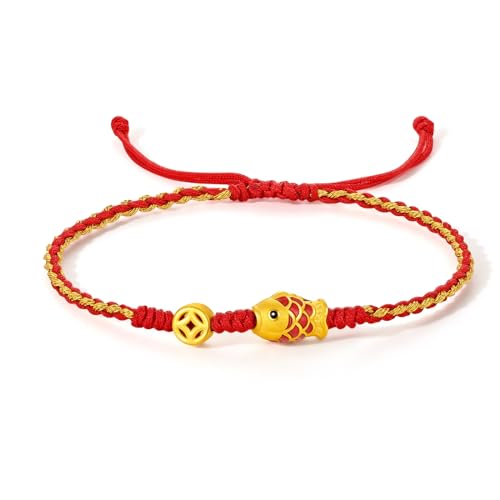 Solid 24K Gold Mini Charm Bracelet, Koi Fish Coin Lucky Bracelet Adjustable Red Braided Bracelet for Women Girlfriend Boyfriend Daughter Gifts