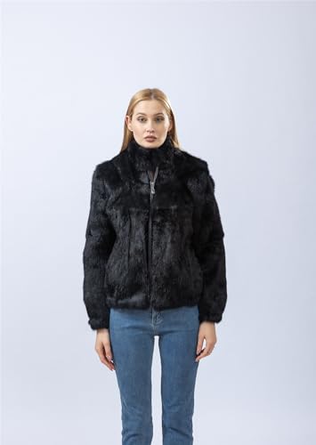 LVCOMEFF Women Natural Rabbit Fur Coat With Hood Jacket With High Collar Furry2