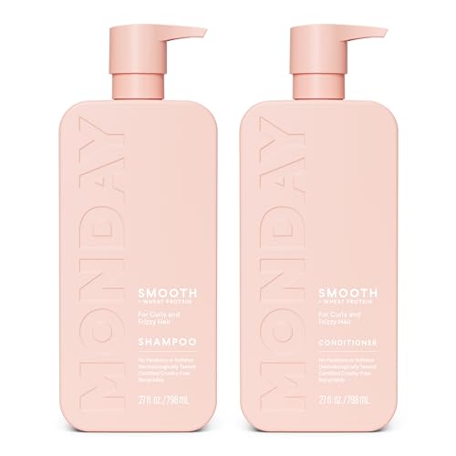 Best Shampoo and Conditioner for Guest Bathroom Reviews 3 MONDAY HAIRCARE Smooth Shampoo + Conditioner Bathroom Set (2 Count) 27 oz Each For Frizzy, Coarse & Curly Hair Made with Coconut Oil, Shea Butter & Vitamin E 100% Recyclable Bottle Pink