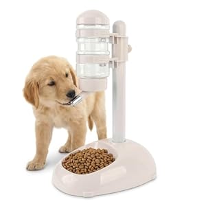 Denash Pet Standing Water Dispenser Feeder, 500ml Dog Water Feeder Bottle Adjustable Raised Pet Food Bowl for Dogs Detachable Bottles Easy Cleaning (Beige)