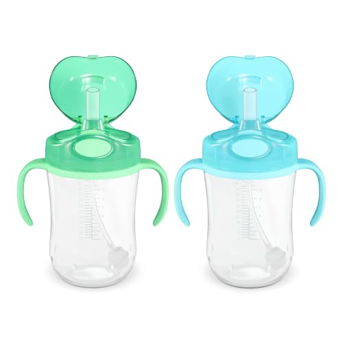 Image of Amazon Basics Spill Proof Dishwasher Safe Silicone Weighted Straw Sippy Cup with Removable Handles, BPA Free, 9 Ounces, Blue /Green, Pack of 2 (Previously Mama Bear)
