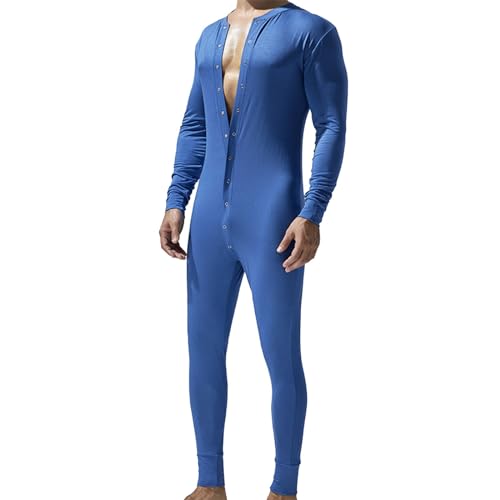 Cexiakong Mono de una pieza para hombre, corte ajustado, pijama para hombre, color liso, ropa interior térmica, elástica, manga larga, cómoda, con botones, body de una pieza, azul oscuro, XXL
