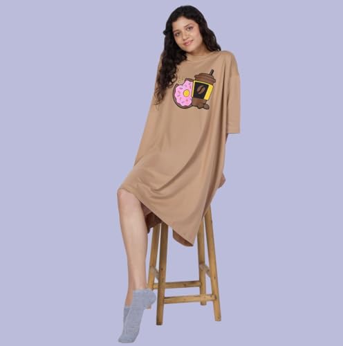 Image of LAMA STORE Women's Printed Oversized T-Shirt Dress, Cotton, 3 /4 Sleeve Length, Casual Loose Fit, Comfort Wear Extra Comfy Oversized Printed Pocket T-Shirt Dress