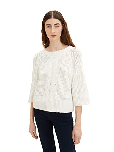 TOM TAILOR Damen 1035301 Pullover mit Zopfmuster, 10315 - Whisper White, S