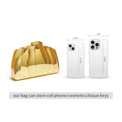 Image of Golden Metal Shell shape Clutch Evening Bag with Water Ripple Design, Solid Color with Buckle Closure, Chain Strap Messenger, Polyester Lining, Luxury Reflective Wave Pattern for Parties, Weddings