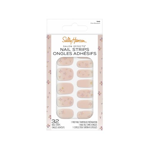 Sally Hansen Salon Effects Nail Strips | No UV Light Needed, No Dry Time, Long-Lasting, Non-Damaging | 32 Nail Strips, 1 Cuticle Stick, Nail File, Prep Pad | Pink Blossom