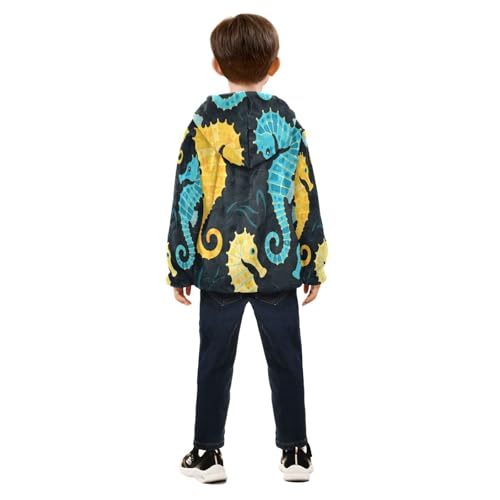 Seahorse Pattern Print Toddler Fleece Jacket Girl Boys Hooded Fleece Jacket Coat Warm Outwear Zip-up 3-10T4