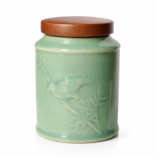 Tea Jar with Lid, Handmade Celadon Bird Bamboo Relief Canister — Loose Leaf Tea Storage, Ceramic Tea Canister, Sentimental Gift for Women, Japandi Kitchen Caddy
