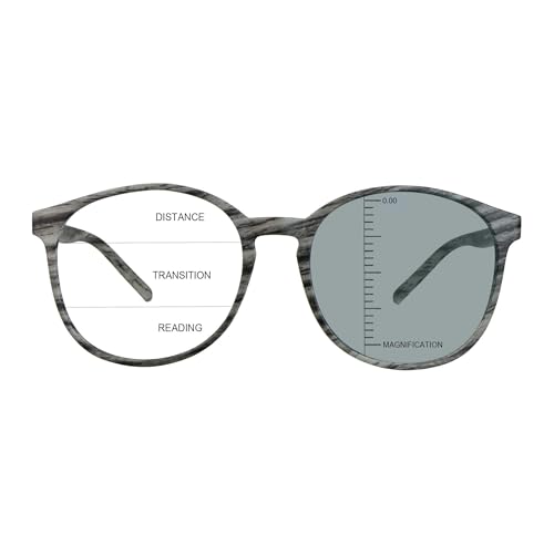 Image of Vintage Round Progressive Multifocal Presbyopic Glasses, Photochromic Gray Sunglasses for Men Women Readers (Wood,+0.00 /+2.50 Magnification)