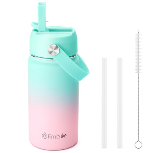 Fimibuke Kids Insulated Water Bottle - 14oz BPA-FREE 18/8 Stainless Steel Travel Tumbler Leak Proof Double Wall Vacuum Kids Cup with Straw Metal Water Bottle for School Boys Girls (1 Pack, Bubble Gum)