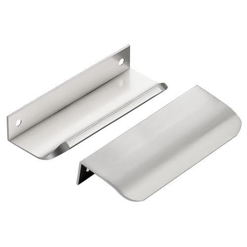 Image of Brushed Nickel Cabinet Handles Finger Edge Pulls 4 Inch CC 6 Pack | Low-Profile Finger Grip, Cabinet Door Edge Mount, Smooth Handle Shape, 5.9 Inch (150mm), For Drawers, Cupboards, Kitchen