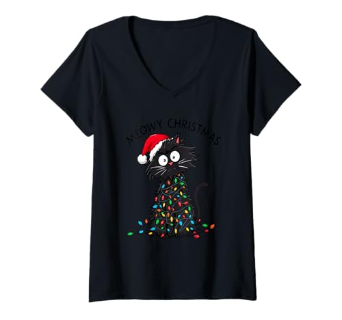 Womens Meowy Christmas - Merry Fluffmas - Cats Christmas V-Neck T-Shirt