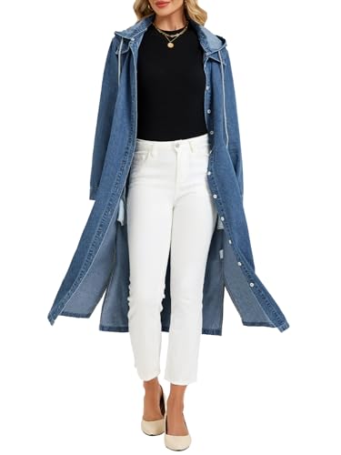 Women's Long Denim Jackets Maxi Trench Coat Jean Jacket with Drawstring Detachable Hoodie