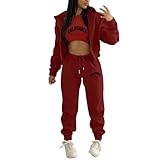Generisch Hausanzug Damen Winter Fleece Warm Frauen Hosenanzug Elegant 3 Teilig Sweatshirt Mit Reißverschluss Lockere Kapuzenpullover Elastische Taille Hosen Lässig Sportlich Trainingsanzug (Red, M)
