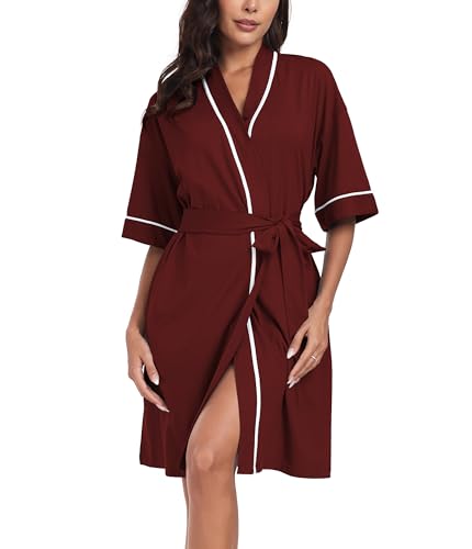Image of ANLIQI Womens 100% Cotton Robes Lightweight Summer Short Sleeve Lady Bathrobe Knee Length Kimono Robe Sleepwear with Pockets