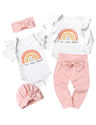 Image of KANGKANG Baby Girl Clothes Hi I'm New Here Short & Long Sleeve Romper + Pants + Hat + Headband 5Pcs Set Newborn Girl Clothes