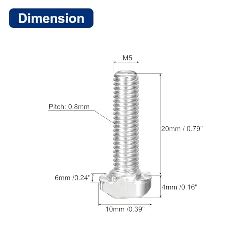 Image of uxcell 30Pcs T-Slot Bolts, M5 x 20mm Hammer Head Bolt T Screw Drop-in Stud for 2020 Series T-Slot Aluminum Extrusion Profile, Carbon Steel Nickel Plated, Silver