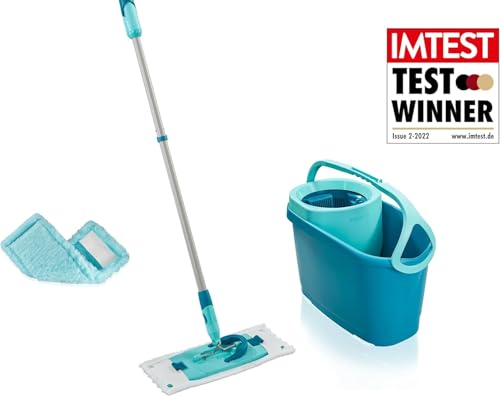 Leifheit Set CLEAN Twist M Flachwischer Ergo 2.0, Bodenwischer mit 1x Mikrofaser Bezug für alle glatten Böden und 1x elektrostatischem Staubtuch, Wischmopp mit Click-System, mit Schleudertechnologie – Bild 3
