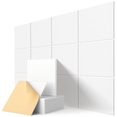 Image of Square Acoustic Wall Panels, Sound Absorbing Panels for Walls, Ceiling, Doors, 12 Pack 12 inchx12 inchx0.4 inch Self Adhesive Decorative White Acoustic Tiles for Recording Studio, Office, Room, Home