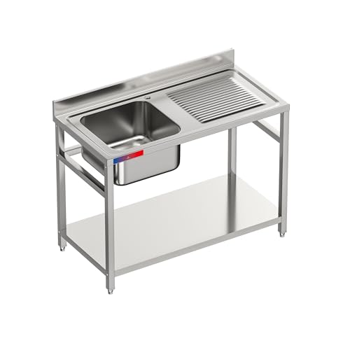 GASFRIT Fregadero Industrial con Balda Acero Inoxidable | 1 Seno con Escurridor | 1200x600x850mm | Barra de Refuerzo, Peto Sanitario y Patas Regulables, Ideal Hostelería, Bares y Cocinas Profesionales