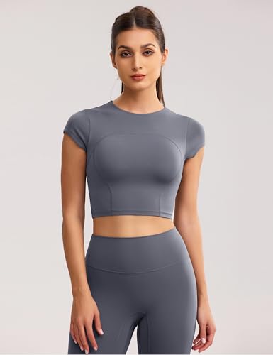 Image of ENERBLOOM Workout Crop Tops for Women Yoga Short Sleeve Removable Bra | Slim Fit, Mild Support, Crop T-Shirt, Mock Neck, Soft Comfort, High-Stretch, for Yoga,Gym & Daily Wear