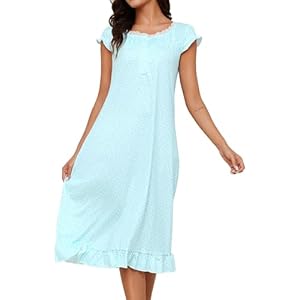 Marvmys Womens Long Nightgown Cap Short Sleeve House Dress Lace Trim Victorian Night Gown Sleepwear Aqua Floral Large