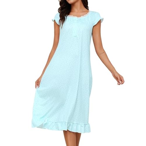 Marvmys Womens Long Nightgown Cap Short Sleeve House Dress Lace Trim Victorian Night Gown Sleepwear Aqua Floral Large