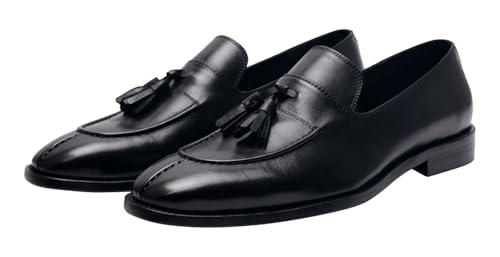Santimon Men's Black Genuine Leather Tassel Loafers - Slip-On Dress Shoes for Casual, Business, Wedding & Prom - Modern Penny Loafers for Suits & Tuxedos