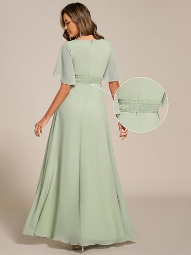 Image of Ever-Pretty Women's Classic Round Neck Pleated Short Sleeves Chiffon Appliques Floor Length A Line Formal Evening Dresses