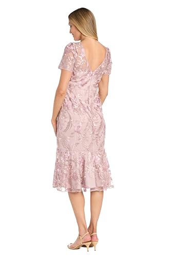 Image of Elegant Embroidered Mesh Midi-Length Dress W /Flounce Hem & Short Sleeves