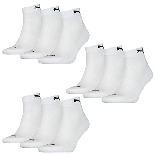 PUMA Unisexe Hommes Femmes Chaussettes de Quart Amorti 9er Paquet 35-38 39-42 43-46 Noir Blanc Bleu Gris 83% Coton - Blanc, 43-46