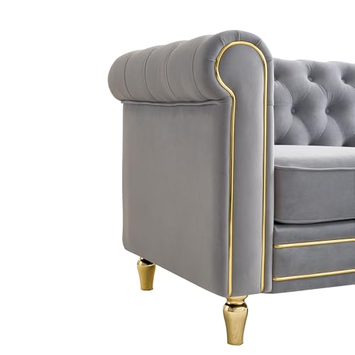 Image of KEIKI 85 inch Chesterfield Velvet Tufted Button Sofa with Deep Seat Cushions and Rolled Arms, Modern 3-Seater Couch Decorated with Gold Strip, Easy Assembly, for Living Room, Bedroom, Office, Light Grey