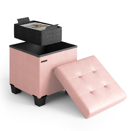 Storage Ottoman Cube with Small Bin, 16-in Square Ottoman with Storage for Living Room and Bedroom, Small Ottomans Foot Rest, Faux Leather Foot Stools Ottomans Max 330lbs, Pink