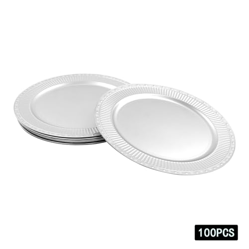 100 platos decorativos de plástico 13 in plateados miniatura 6
