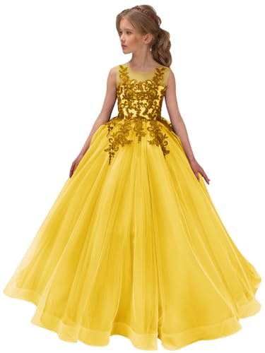 Lace Appliaue Flower Girl Dress Tulle Pageant Dress for Girls Long Sleeveless Princess Party Ball Gown