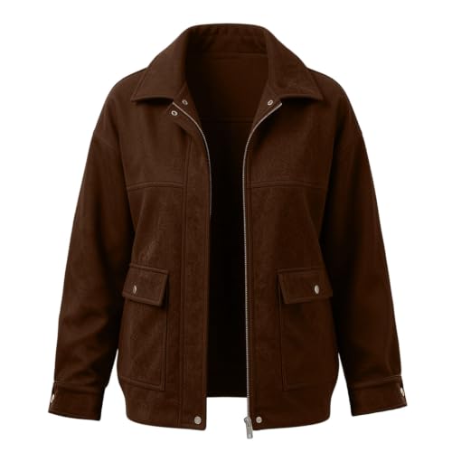 TERGHTP Women's Faux Suede Jacket Lapel Collar Zip Up Leather Fall Jacket - image 7