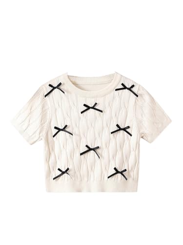 Floerns Girl's Short Sleeve Bow Cropped Sweater Crew Neck Cute Pullover Tops