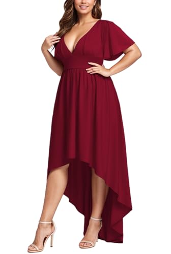 Image of Elegant Dresses Formal Evening Cocktail Long Maxi Wedding Party Dress Sexy V Neck Ruffle Sleeve Hi Low Flowy Gowns