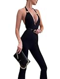 THLAI Women's Red-Carpet Halter Jumpsuit Deep Plunge Open Back & Flared Legs Showstopping Evening Wear