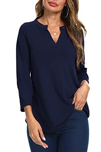 NILOUFO Womens Casual Summer Shirts Notch V Neck Blouses 3/4 Roll Sleeve Tops Tunics2