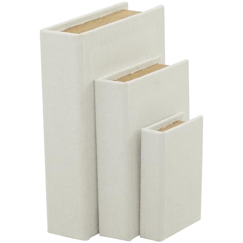 Deco 79 Linen Fabric Decorative Box Faux Storage Book Book Shaped Boxes, Set of 3 Decorative Keepsake Boxes 12″, 9″, 6″H, White