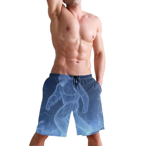 Men Swim Trunks-Blue Line Sasquatch, Beach Shorts with Inner Lining Quick Dry Board Shorts Small4