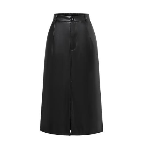Women's Faux Leather Long Skirt, High Waist Slim Fit with Front Zipper & Side Slit, Stretchy Pencil Skirt for Casual/Office