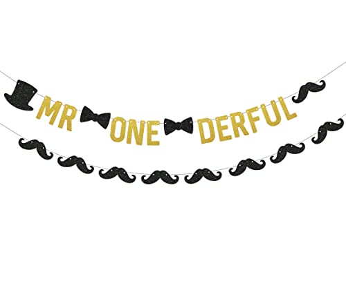 Image of SVM CRAFT Mr Onederful banner, Baby Boy's 1st Anniversary Birthday Party Supplies, gold