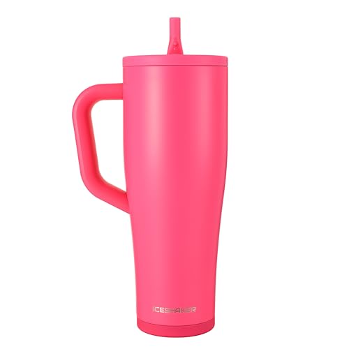Image of Ice Shaker 40 oz Tumbler with Handle and Straw | 40oz Neon Pink | Cold for 30+ Hours | 2-in-1 Tumbler Shaker Bottle | Odor-Free 40 ounce Bottle for Water, Protein Shakes, Smoothies, Cocktails